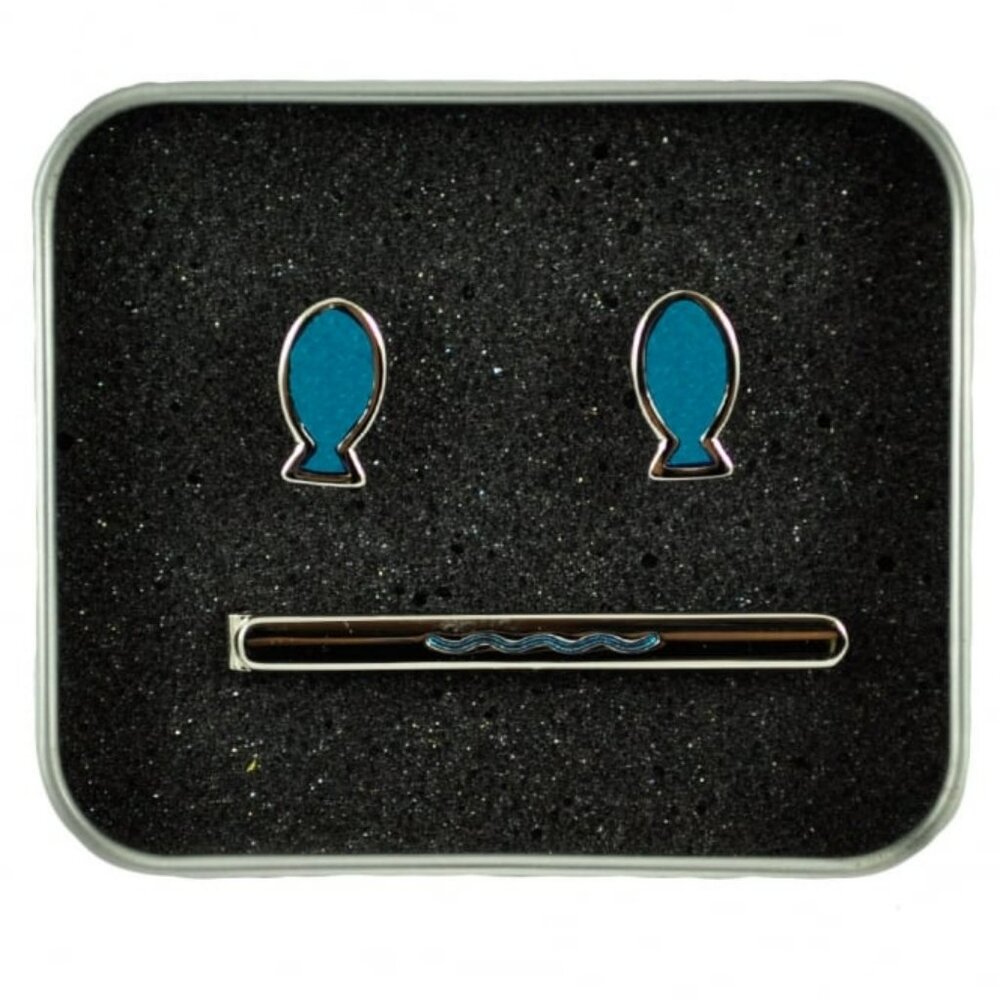 *3 FOR $9* NEW Brent Morgan Neckwear Religious Fish Wave Cufflinks Tie Clip Tin - Picture 3 of 5